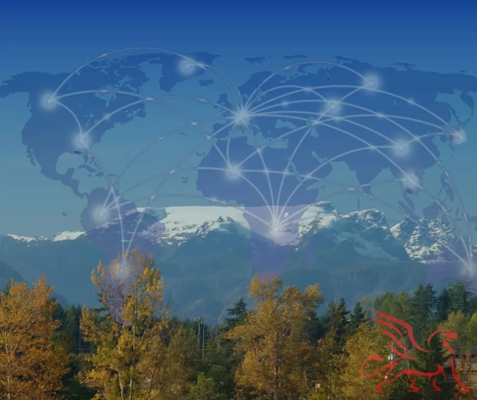 A network of connection lines over a world map, set against the British Columbia coast range